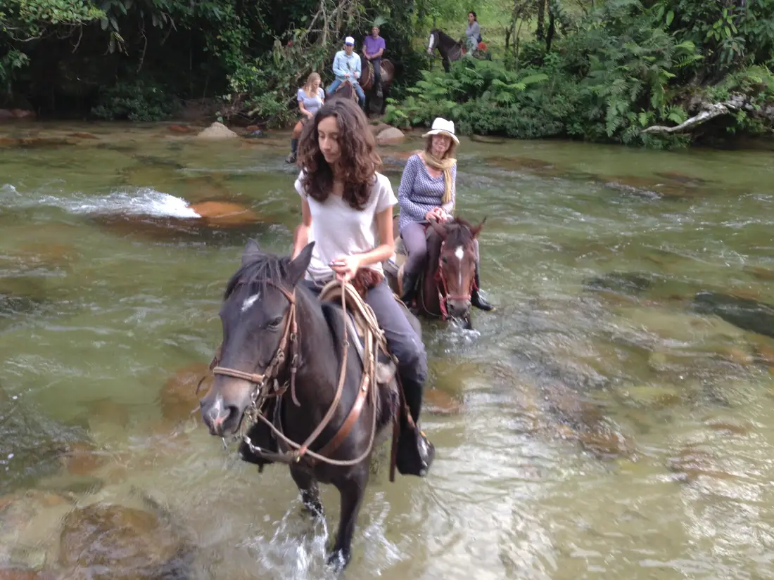 Paardrijden door een rivier in de Andes
